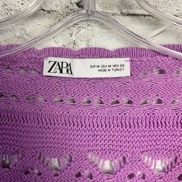 Zara Pointelle Knit Crochet Puff Sleeve Scoop Neck Lavender Cropped Sweater - Picture 8 of 13